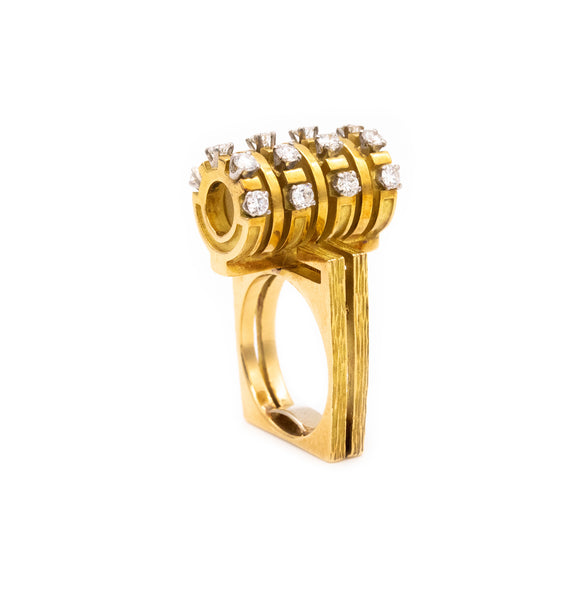 ROGER LUCAS 1970 MONTREAL 18 KT GOLD GEOMETRIC RING WITH 1.44 Cts IN DIAMONDS