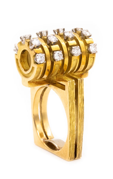 ROGER LUCAS 1970 MONTREAL 18 KT GOLD GEOMETRIC RING WITH 1.44 Cts IN DIAMONDS