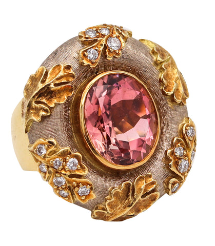 -Elizabeth Gage London Cocktail Ring In 18 kt Yellow Gold With 6.95 Cts Diamonds & Rare Pink Topaz