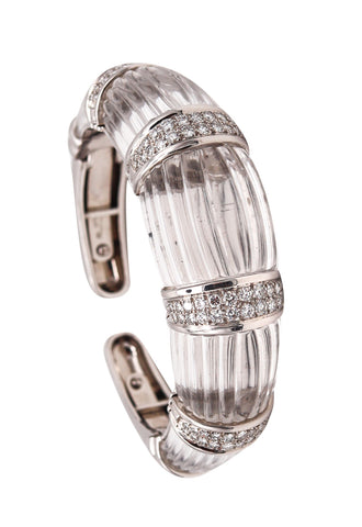 David Webb New York 1970 Bombe Rock Quartz Bracelet Cuff In Platinum With 5.28 Cts Diamonds