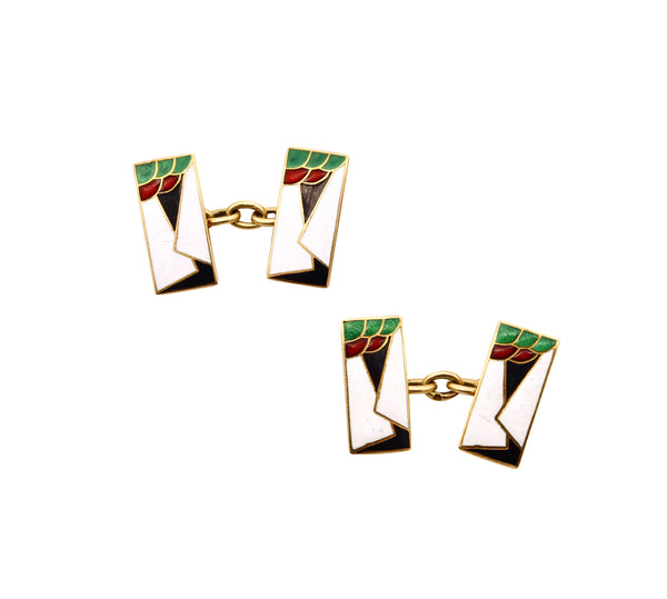 *Ghiso Buenos Aires-Paris 1930 Art Deco Geometric Cufflinks in 18 kt gold with color enamel