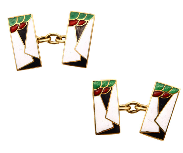 *Ghiso Buenos Aires-Paris 1930 Art Deco Geometric Cufflinks in 18 kt gold with color enamel