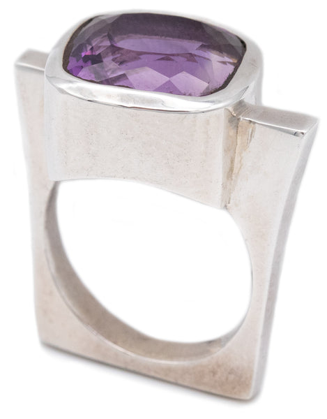 MODERNIST CONTEMPORARY STERLING SILVER GEOMETRIC RING WIT 7.56 Cts AMETHYST