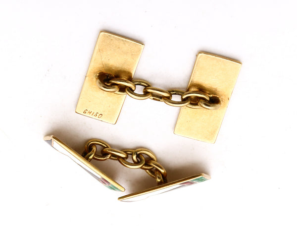 *Ghiso Buenos Aires-Paris 1930 Art Deco Geometric Cufflinks in 18 kt gold with color enamel