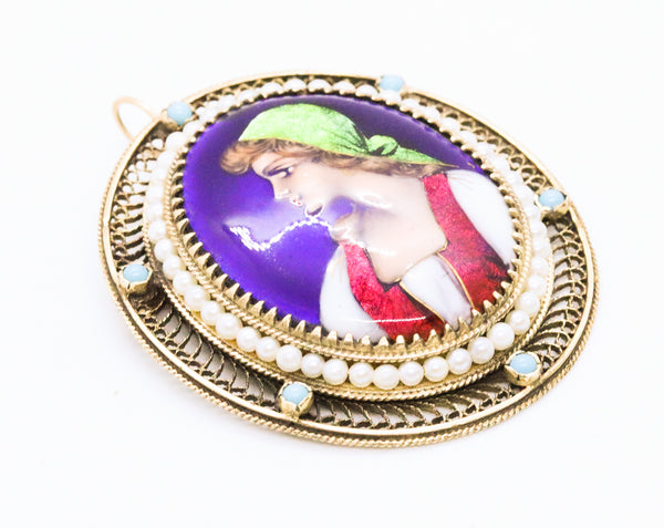 LIMOGES FRANCE ENAMEL 18 KT GOLD BROOCH & PENDANT