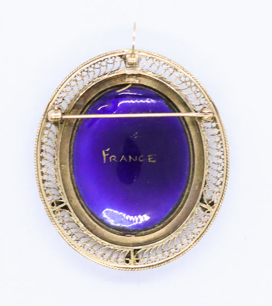 LIMOGES FRANCE ENAMEL 18 KT GOLD BROOCH & PENDANT