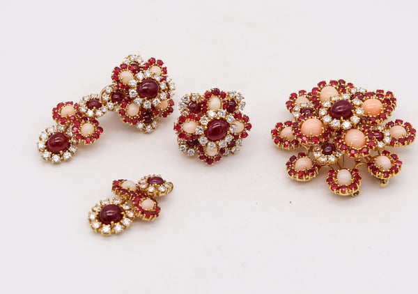 Pery Et Fils 1960 Paris Convertible Earrings Brooch In 18Kt Gold With 51.91 Cts In Diamonds Rubies And Corals