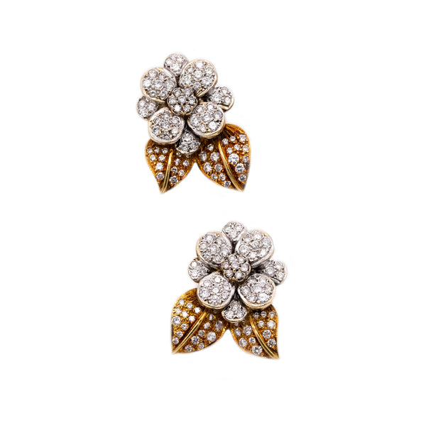 *Italian modernist floral cluster earrings in 18 kt gold with 5.60 cts of VS diamonds