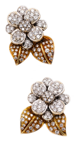*Italian modernist floral cluster earrings in 18 kt gold with 5.60 cts of VS diamonds