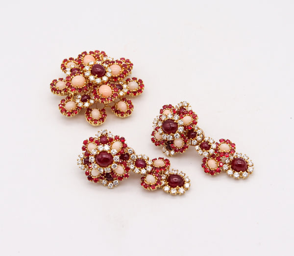 Pery Et Fils 1960 Paris Convertible Earrings Brooch In 18Kt Gold With 51.91 Cts In Diamonds Rubies And Corals