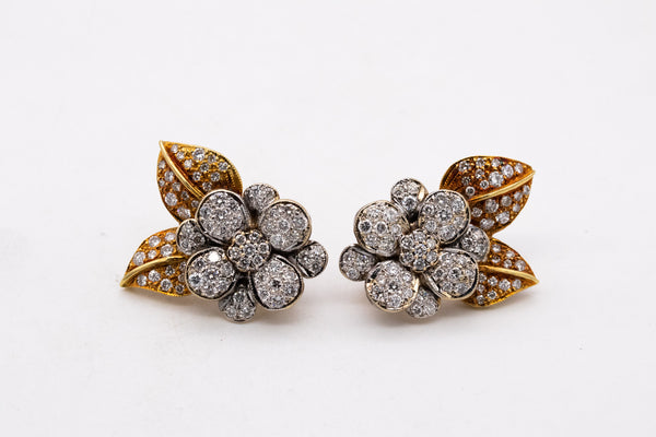 *Italian modernist floral cluster earrings in 18 kt gold with 5.60 cts of VS diamonds