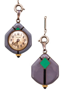 Art Deco 1930 Antique Banner Watch With Enameled Geometric With A Chatelaine Chain