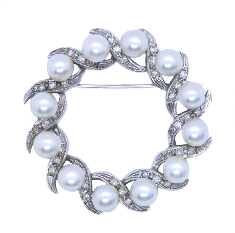 PEARLS AND DIAMONDS 14 KT WHEEL BROOCH