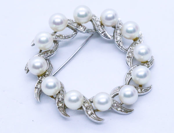 PEARLS AND DIAMONDS 14 KT WHEEL BROOCH