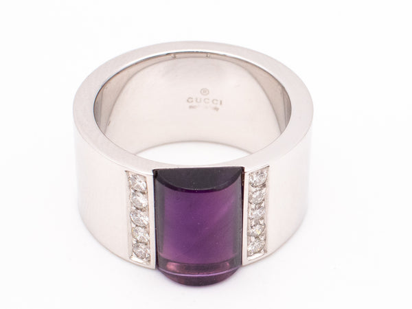 Gucci Milano Geometric Ring In 18Kt White Gold With 3.10 Cts In Diamonds And Carved Amethyst