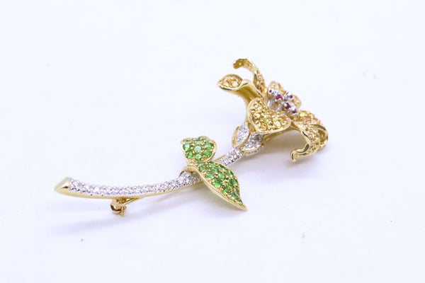 JEWELED FLOWER PIN BROOCH IN 14 KT GOLD