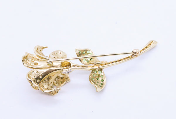 JEWELED FLOWER PIN BROOCH IN 14 KT GOLD