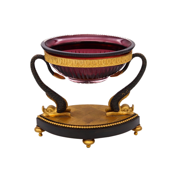 French Empire 1860 Ormolu Bronze Display Compote With Baccarat Purple Cut Crystal