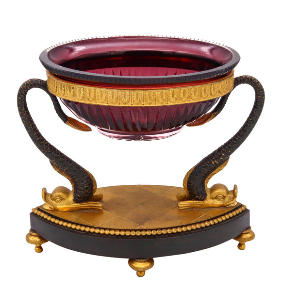 French Empire 1860 Ormolu Bronze Display Compote With Baccarat Purple Cut Crystal