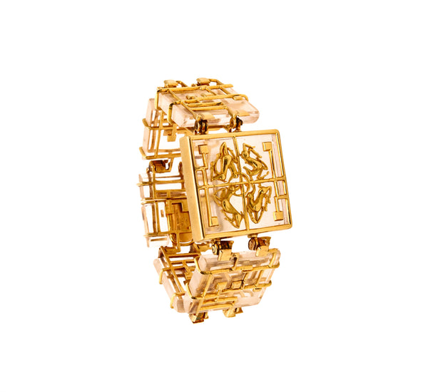 Lalaounis Ilias 1970 Rare Neo-geometric Bracelet In 18Kt Yellow Gold With Carved Rock Quartz