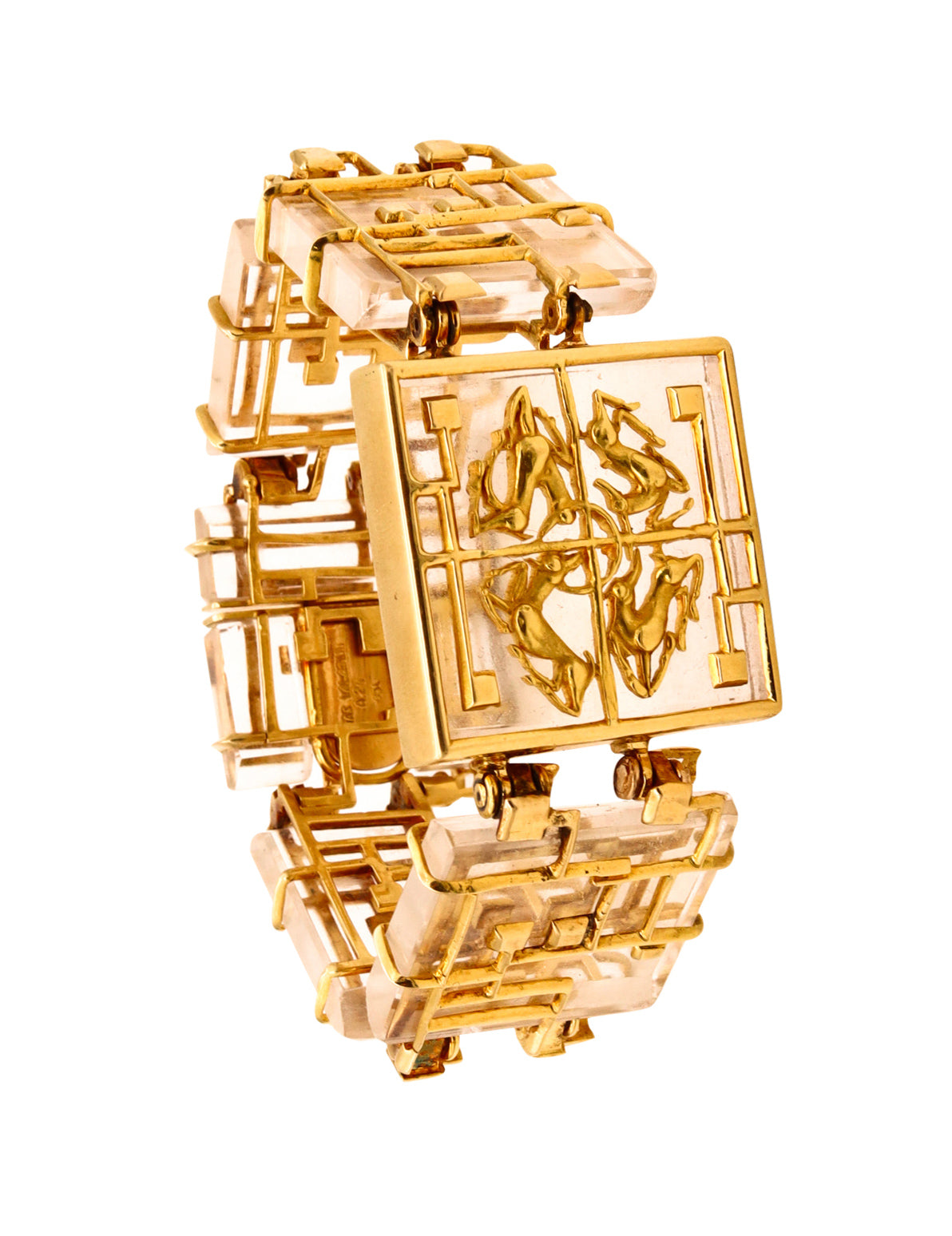 Lalaounis Ilias 1970 Rare Neo-geometric Bracelet In 18Kt Yellow Gold With Carved Rock Quartz