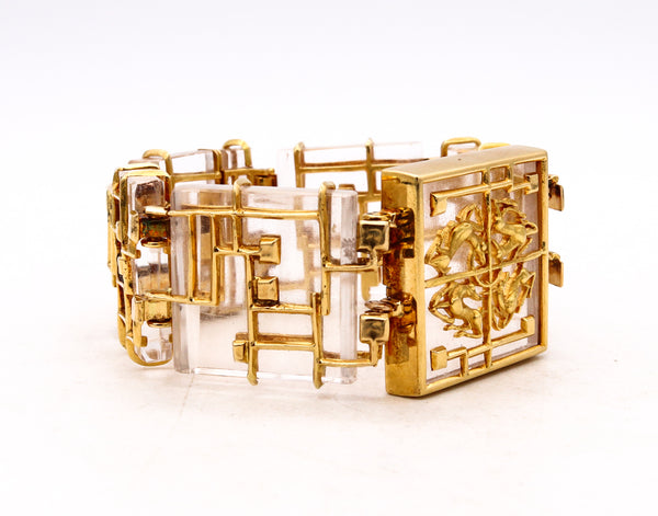 Lalaounis Ilias 1970 Rare Neo-geometric Bracelet In 18Kt Yellow Gold With Carved Rock Quartz