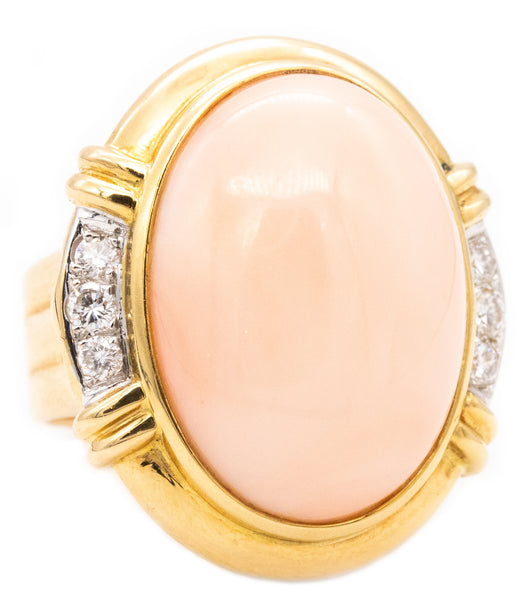 Italian Modern Cocktail Ring In 18Kt Yellow Gold With 25.54 Cts In Diamonds And Pink Coral