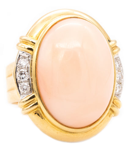 Italian Modern Cocktail Ring In 18Kt Yellow Gold With 25.54 Cts In Diamonds And Pink Coral