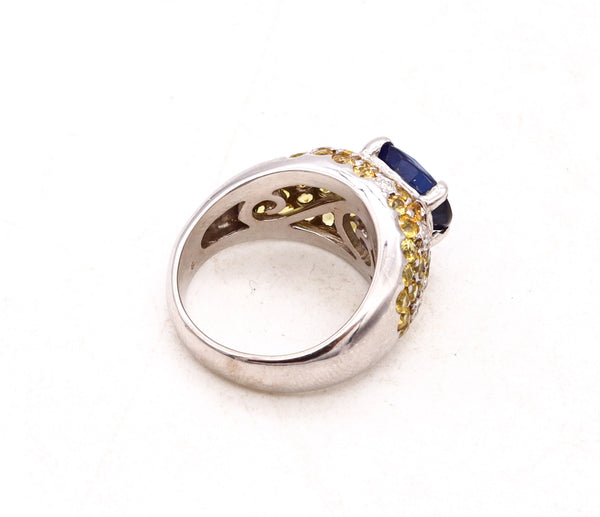 Italian Modern Cocktail Ring In 18Kt White Gold With 7.54 Cts In Diamonds Blue And Yellow Sapphires