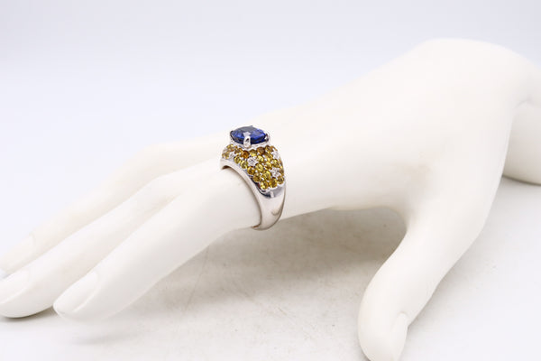 Italian Modern Cocktail Ring In 18Kt White Gold With 7.54 Cts In Diamonds Blue And Yellow Sapphires