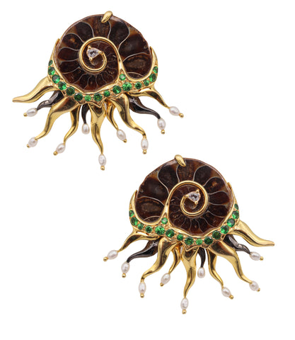 -Studio Designer Ammonite Organic Earrings In 18Kt Gold With 3.60 Cts Tsavorites Diamonds & Pearls