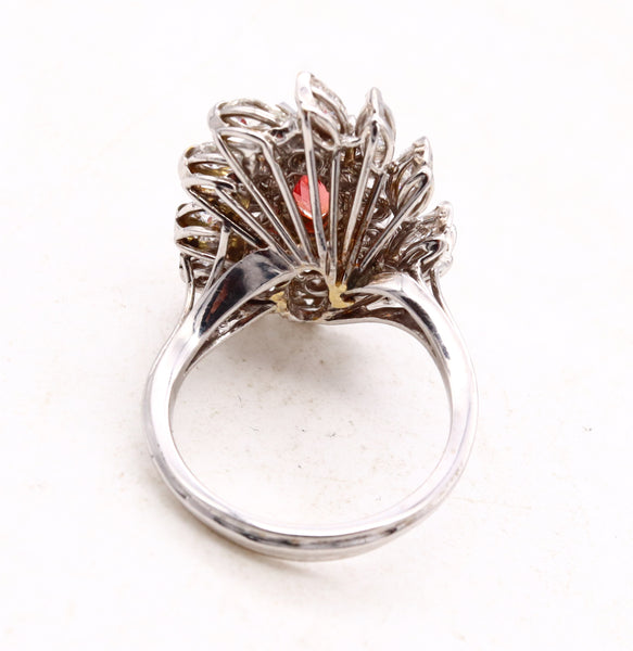 (S)Mid Century Cocktail Ring In 18Kt White Gold With 4.08 Cts In Orange Sapphire And Diamonds