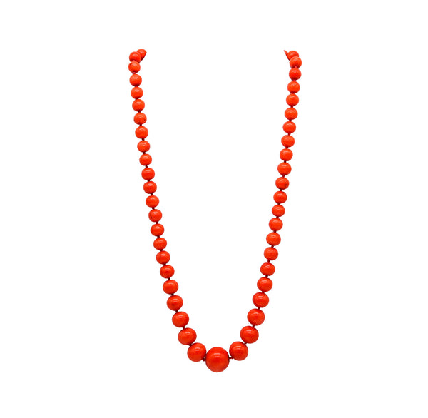 -Italian Art Deco 1930 Graduated Coral Beads Necklace Mount In 18Kt Yellow Gold