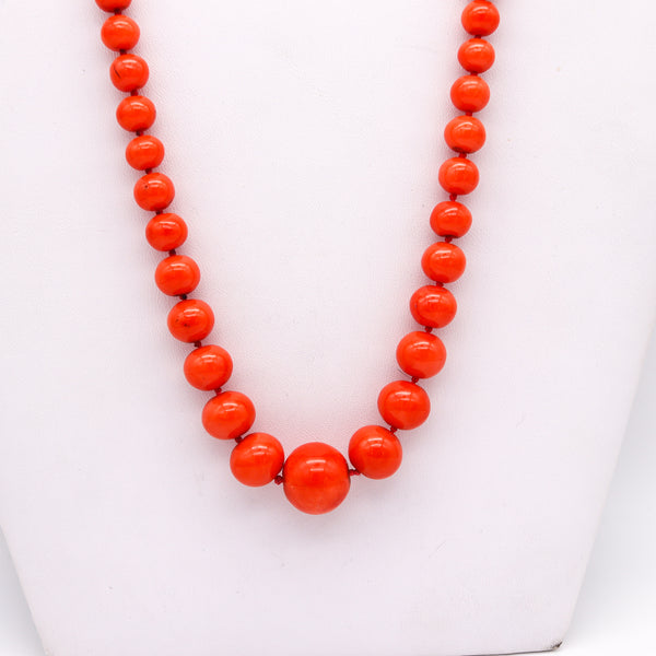 -Italian Art Deco 1930 Graduated Coral Beads Necklace Mount In 18Kt Yellow Gold