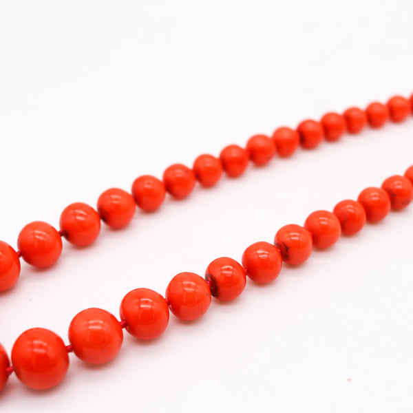 -Italian Art Deco 1930 Graduated Coral Beads Necklace Mount In 18Kt Yellow Gold