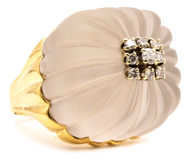 Modernist 18Kt Gold Cocktail Ring With Carved Rock Crystal And Diamonds