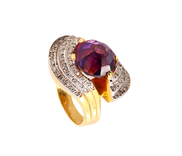 (S)Modernist Italian Bypass Cocktail Ring In 18Kt Gold With 7.31 Ctw In Amethyst And Diamonds