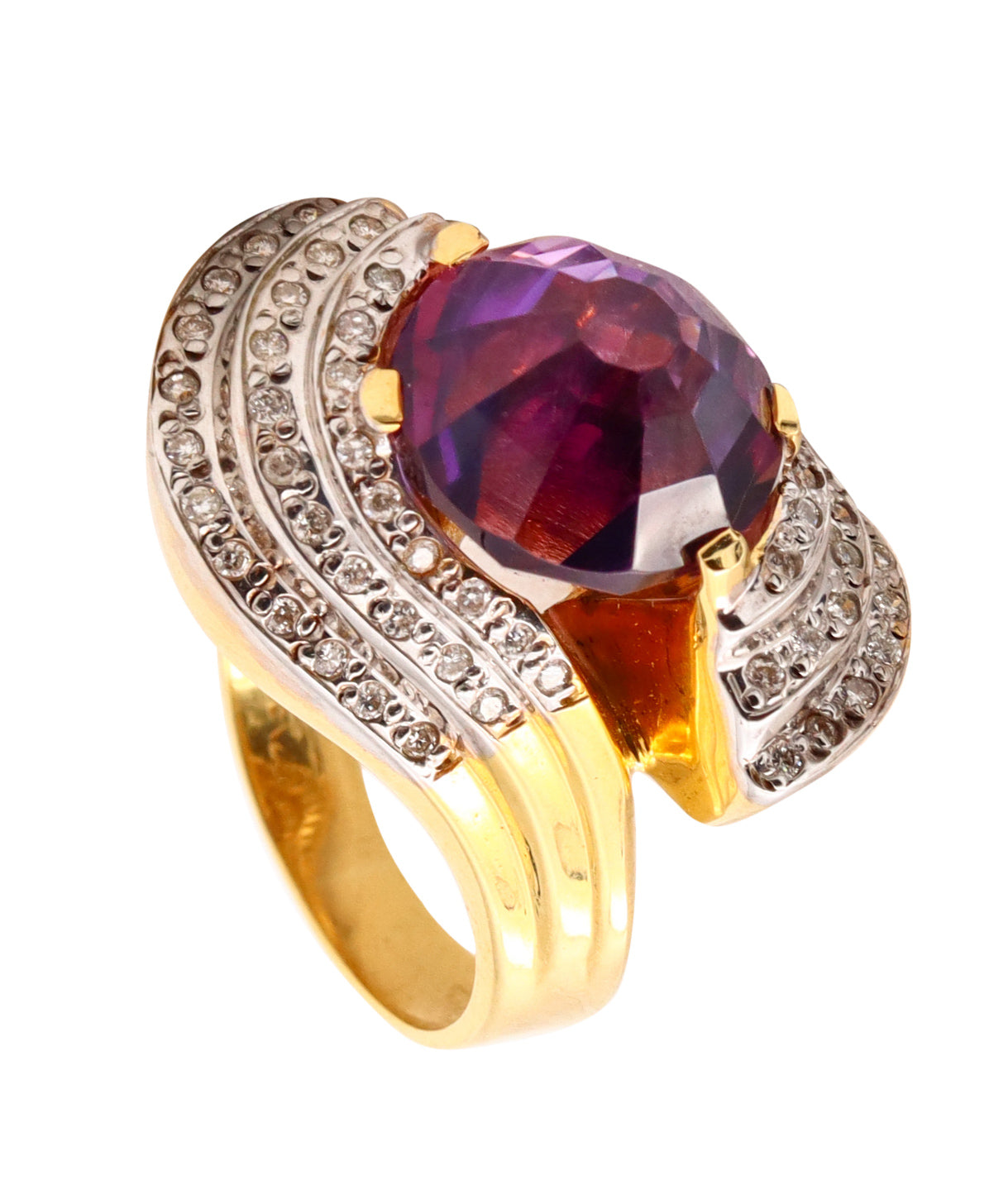 (S)Modernist Italian Bypass Cocktail Ring In 18Kt Gold With 7.31 Ctw In Amethyst And Diamonds