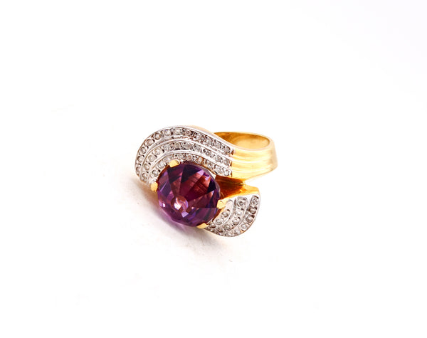 (S)Modernist Italian Bypass Cocktail Ring In 18Kt Gold With 7.31 Ctw In Amethyst And Diamonds