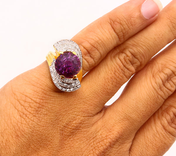 (S)Modernist Italian Bypass Cocktail Ring In 18Kt Gold With 7.31 Ctw In Amethyst And Diamonds