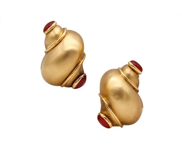 Seaman Schepps Turbo Shell Earrings In 18Kt Yellow Gold With 6.54 Cts In Carnelian