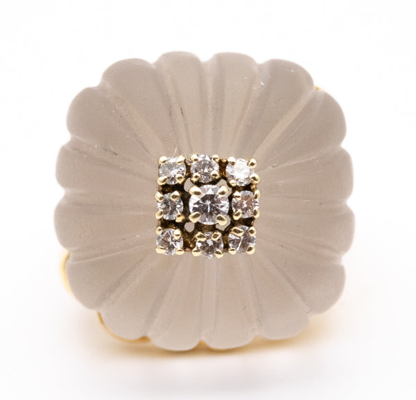 Modernist 18Kt Gold Cocktail Ring With Carved Rock Crystal And Diamonds