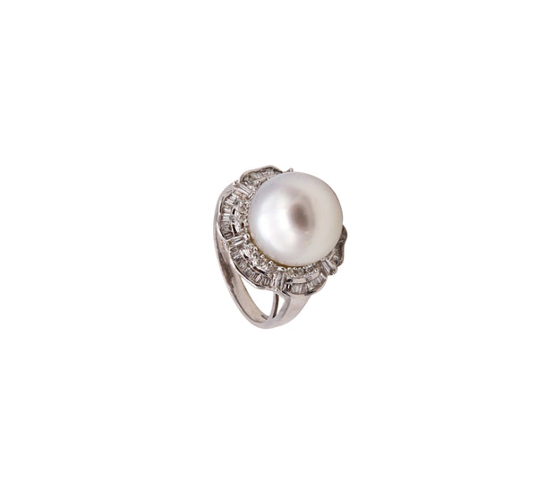 Italian Modern Classic Cocktail Ring In 18Kt White Gold With 1.21 Cts Diamonds White Pearl