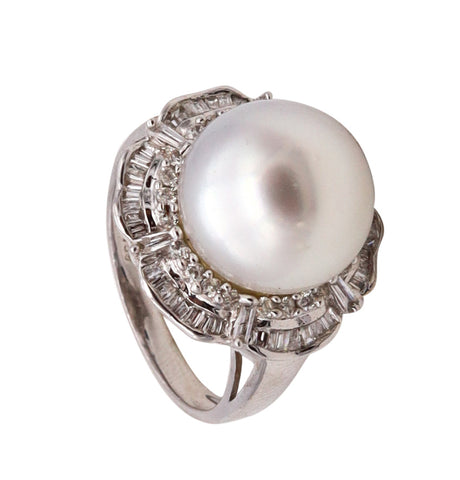 Italian Modern Classic Cocktail Ring In 18Kt Gold With 1.21 Cts Diamonds White Pearl