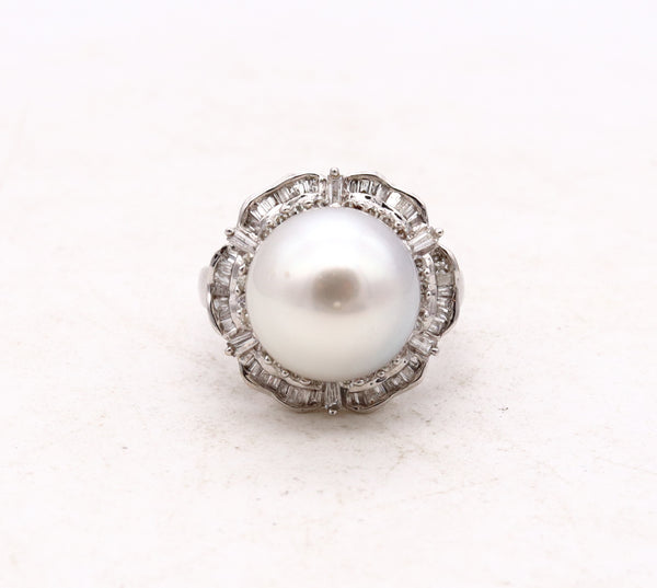 Italian Modern Classic Cocktail Ring In 18Kt White Gold With 1.21 Cts Diamonds White Pearl