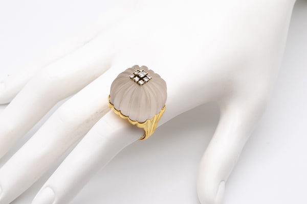 Modernist 18Kt Gold Cocktail Ring With Carved Rock Crystal And Diamonds