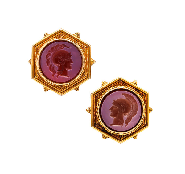 Victorian 1860 Etruscan Revival Earrings In 18Kt Gold With Carved Agates Intaglios
