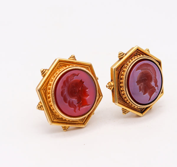 Victorian 1860 Etruscan Revival Earrings In 18Kt Gold With Carved Agates Intaglios
