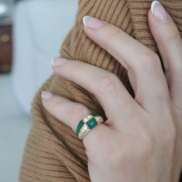 -Van Cleef Arpels 1973 Geometric Chrysoprase Ring In 18Kt Gold With 1.45 Ctw In Diamonds