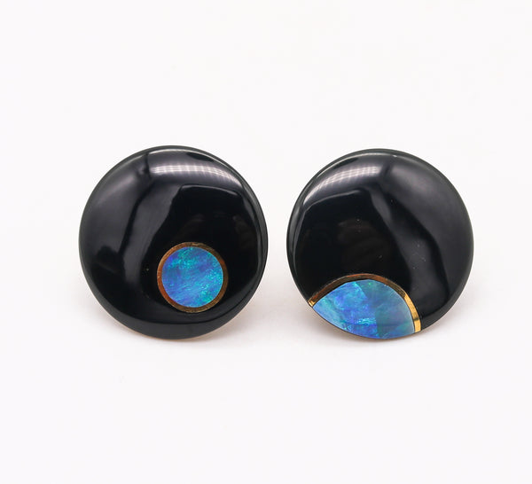 -Tiffany & Co 1975 Angela Cummings Round Lentils Earrings 18Kt Gold With Black Opal And Jade